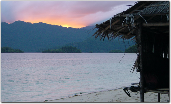 Hut on the beach at sunset, Proop island